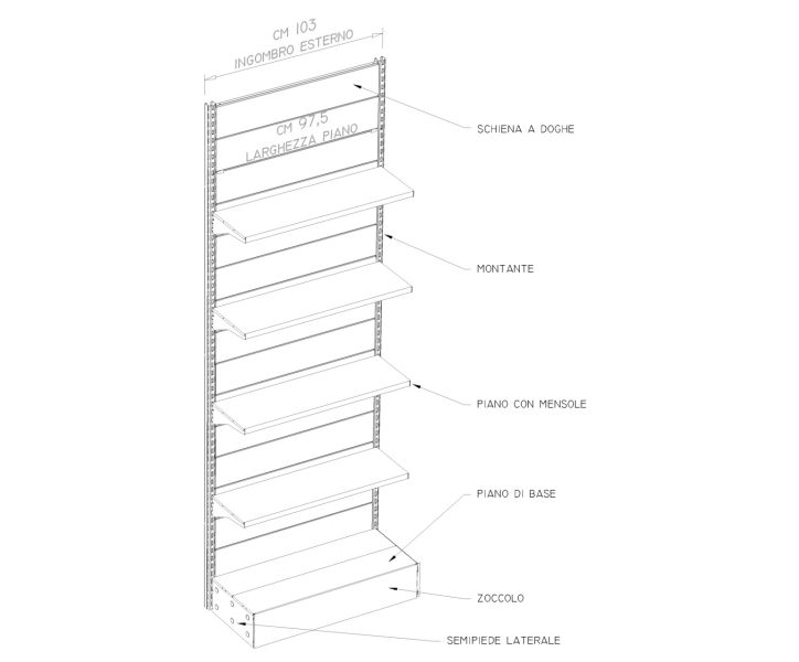 Scaffalatura metallica da negozio per arredo parete cm. 100x60x300h