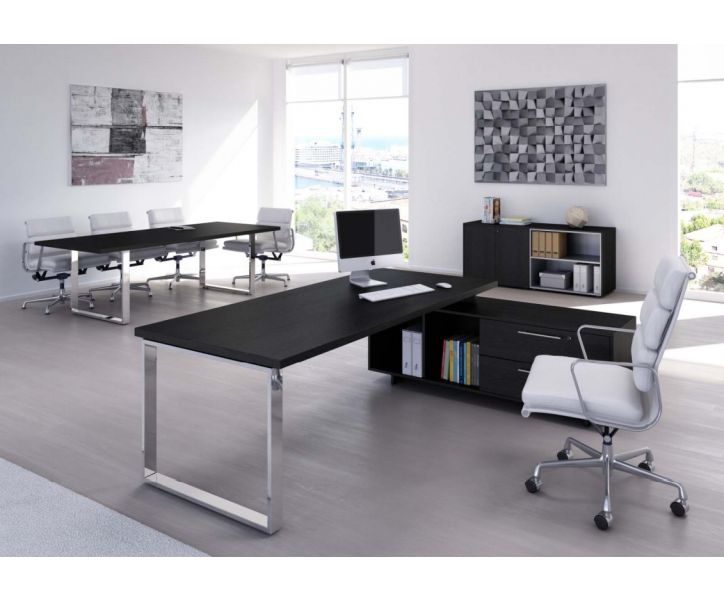 Scrivania ufficio direzionale con struttura di metallo e mobile di servizio laterale cm. 195/225x170x74h