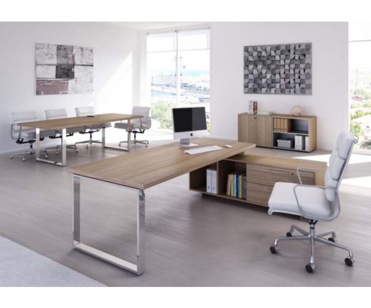 Scrivania ufficio direzionale con struttura di metallo e mobile di servizio laterale cm. 195/225x170x74h