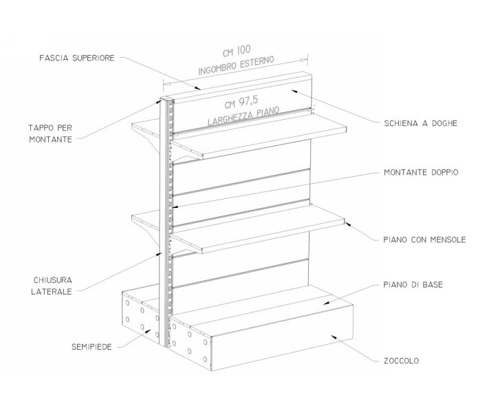 Modulo aggiuntivo scaffalatura in metallo per negozi di cm. 100x40x140h