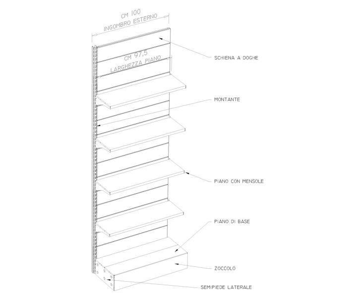 Modulo aggiuntivo scaffale verniciato in metallo per negozi di cm. 100x60x300h