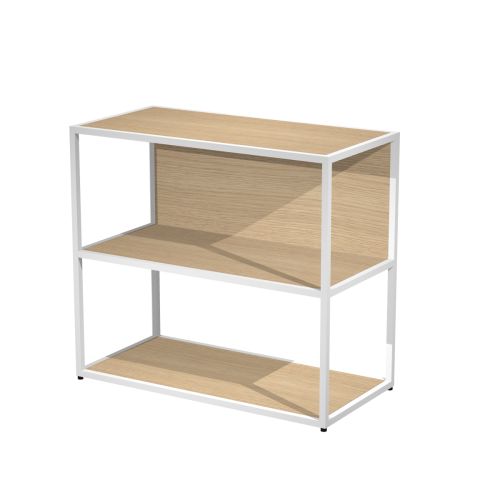 Libreria bassa con struttura in metallo verniciato a 2 vani a giorno con ripiani, base, cappello e schiena in melaminico cm. 90x46x80h