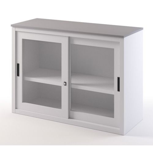 Sopralzo in metallo con top in legno e ante scorrevoli in vetro per ufficio cm. 120x45x87H