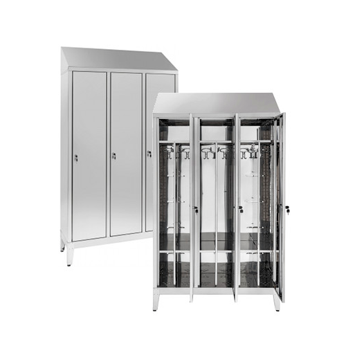 Armadio spogliatoio in acciaio inox AISI 430 a 3 posti con tramezza interna sporco/pulito cm. 120x40x215h