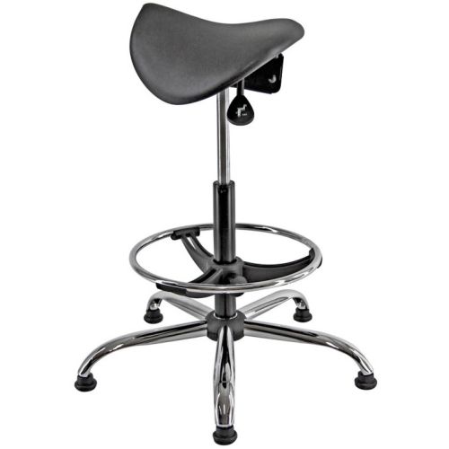 Sgabello ergonomico con poggiapiedi e base in acciaio cromato cm. 35x63x59/84h