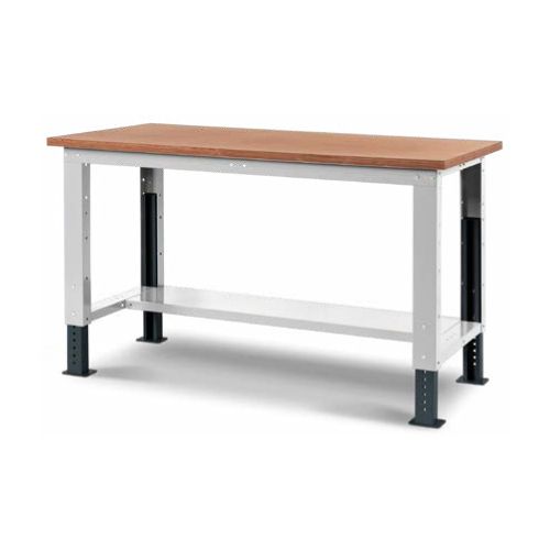 Banco lavoro metallico fornito smontato per officina con piano di legno cm. 150x75x74/111h