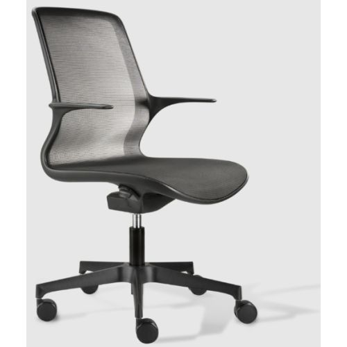 Poltroncina ergonomica con schienale e sedile in rete nera, su ruote, con braccioli 