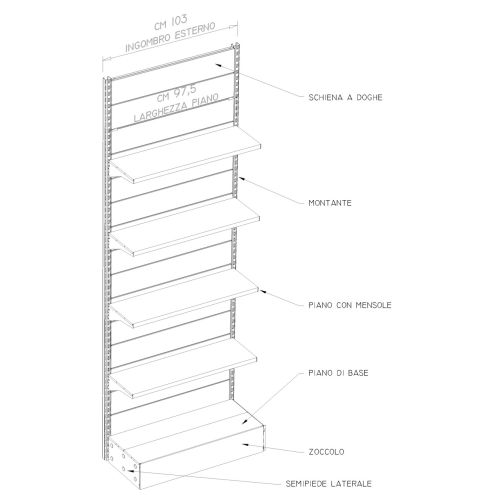 Scaffalatura da negozio a parete in metallo zincato con piani con mensole cm. 100x40x250h